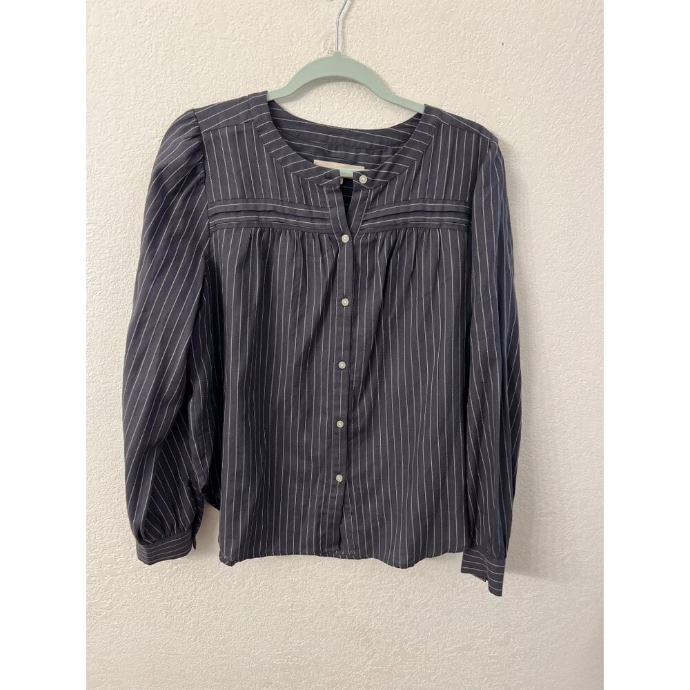 Loft Womens Pinstripe Button-Up Blouse Size M Gray & White 100% Cotton
